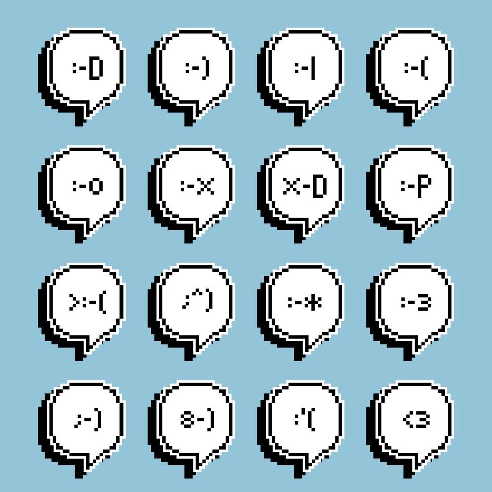 collection set of retro game 8 bit pixel emoji, emoticon with speech bubble balloon, text box, black and white color with shadow, expression icon concept, flat design vector illustration