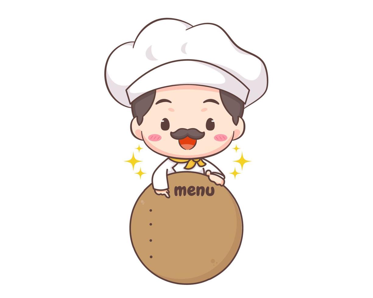 Cute chef logo mascot cartoon character. Chef with menu board. People Food Icon Concept Isolated on white. vector