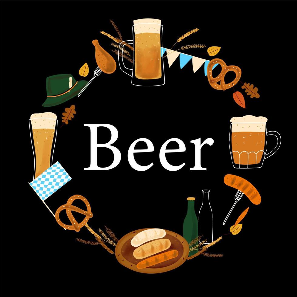 Frame background with stylized illustration mugs of beer, pretzel snack and grilled sausage on black background vector