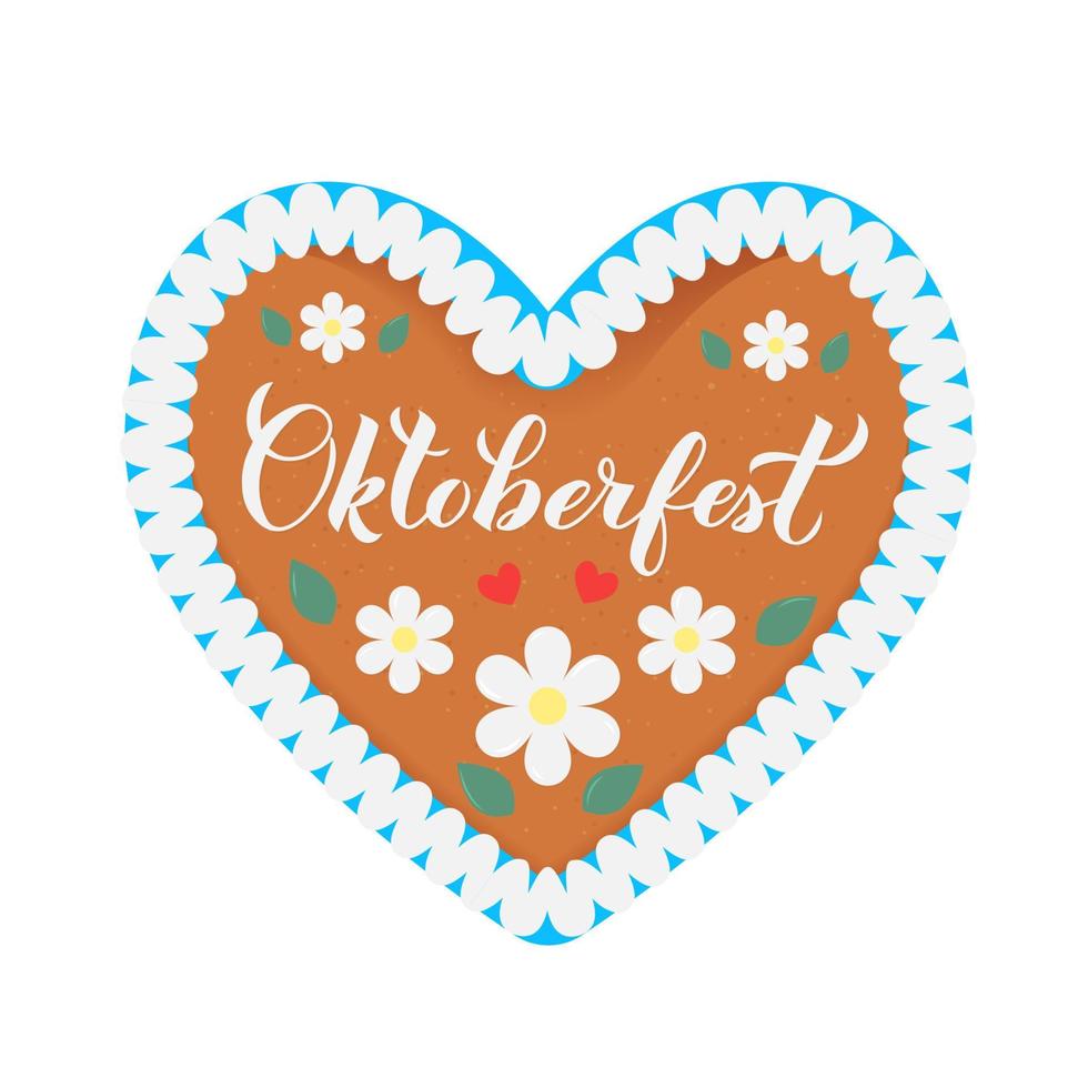 Traditional Bavarian heart-shaped gingerbread decorated with flowers, leaves and lettering Oktoberfest. Easy to edit vector template for logo design, poster, banner, flyer, t-shirt, invitation, etc.