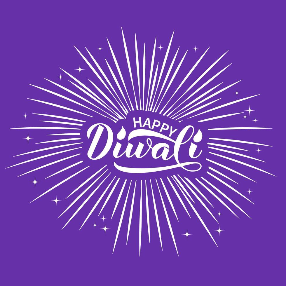 Happy Diwali calligraphy hand lettering with fireworks. Traditional Hindu festival of lights banner. Easy to edit vector template for poster, flyer, sticker, postcard, greeting card.