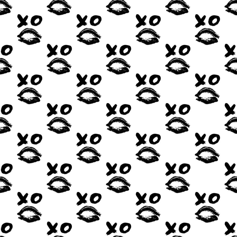 Lips print and XOXO written with lipstick. XO and lipstick kiss seamless pattern. Hugs and kisses Vector illustration. Valentines day background.  Fashion, beauty and glamour concept.