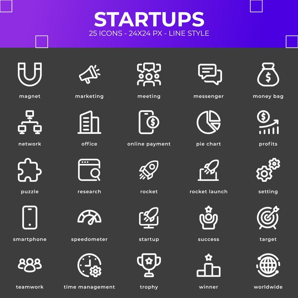 paquete de iconos de startups con color negro vector