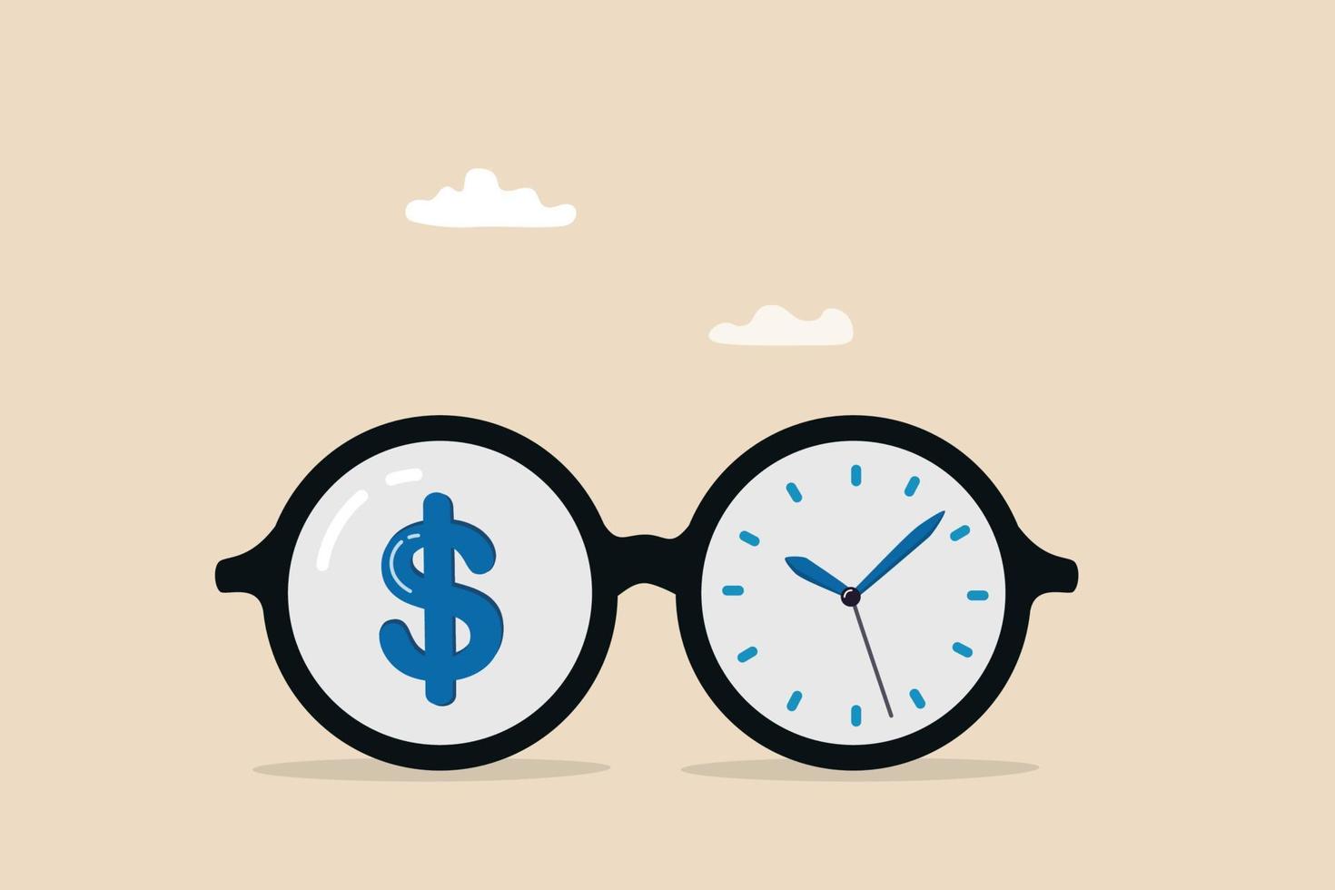 Time is money, investment profit or pension fund, value price or long term investing, saving money or debt payment, financial freedom concept, eyeglasses with dollar sign and time running clock. vector