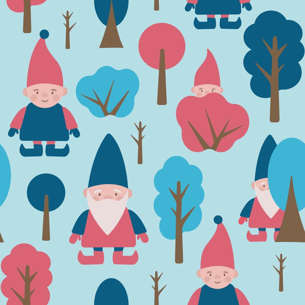 patrón sin costuras de dibujos animados de navidad con pequeños gnomos felices con gorras grandes escondidos en un bosque mágico. feliz invierno vector lindo patrón de bebé. ayudantes de santa claus.
