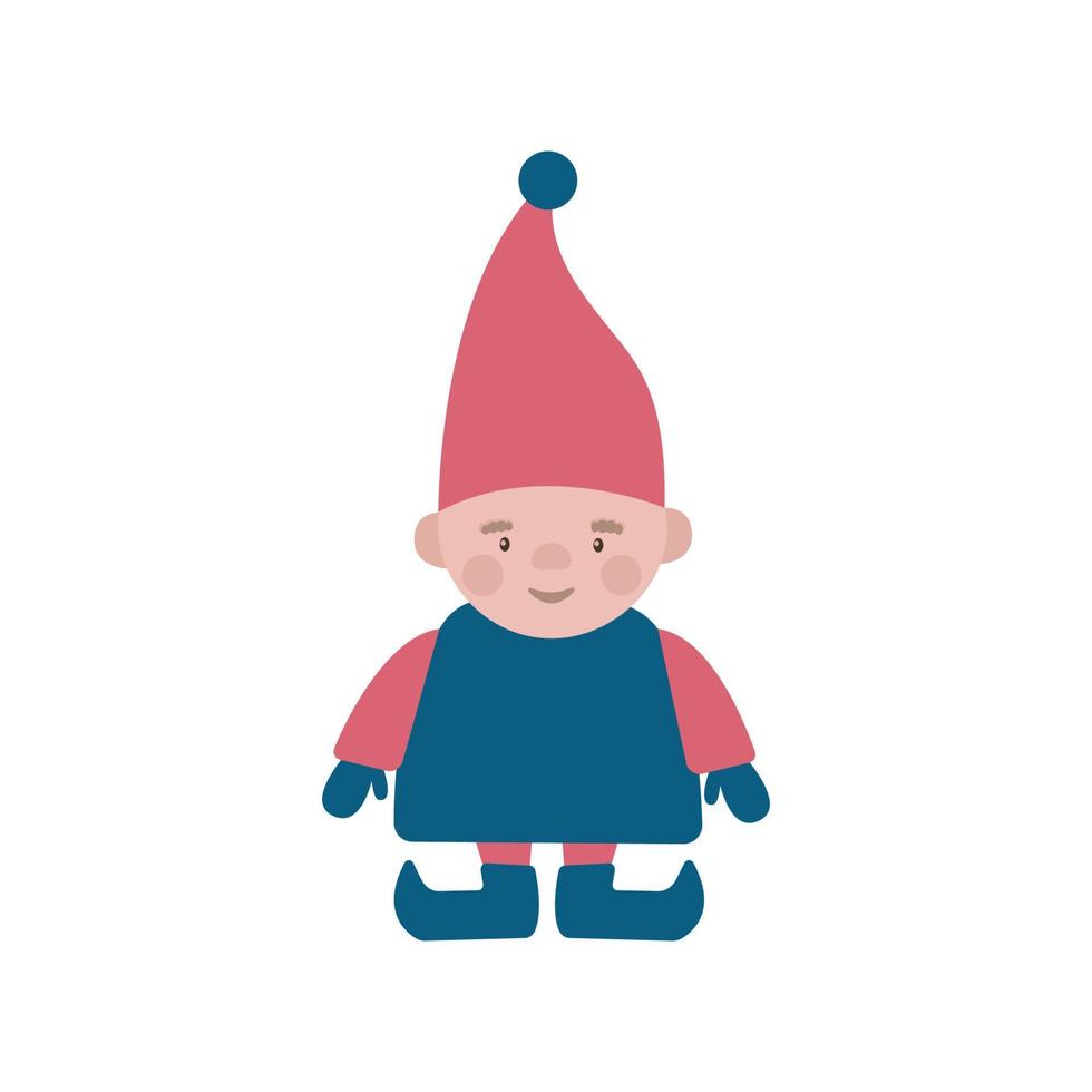 Christmas cartoon little happy young gnome with a red cap. Happy winter vector character. Santa Claus helper.