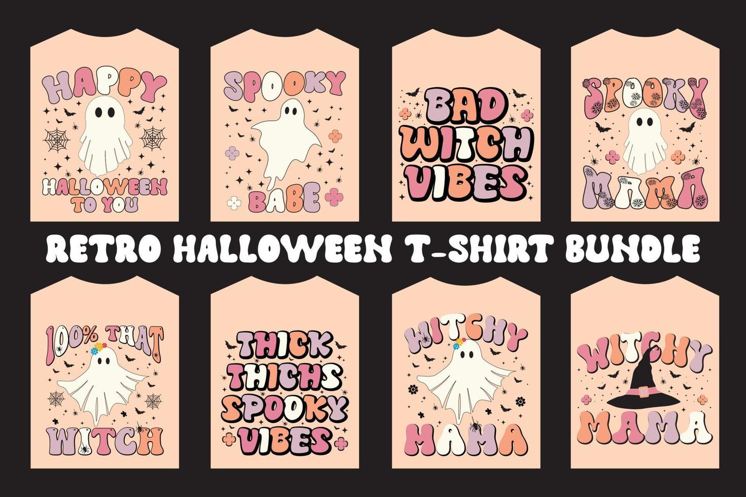Retro Halloween T-shirt Bundle. Beautiful and eye-catching Halloween vector cartoon-style of ghosts, bats, flowers, witches, and much more.