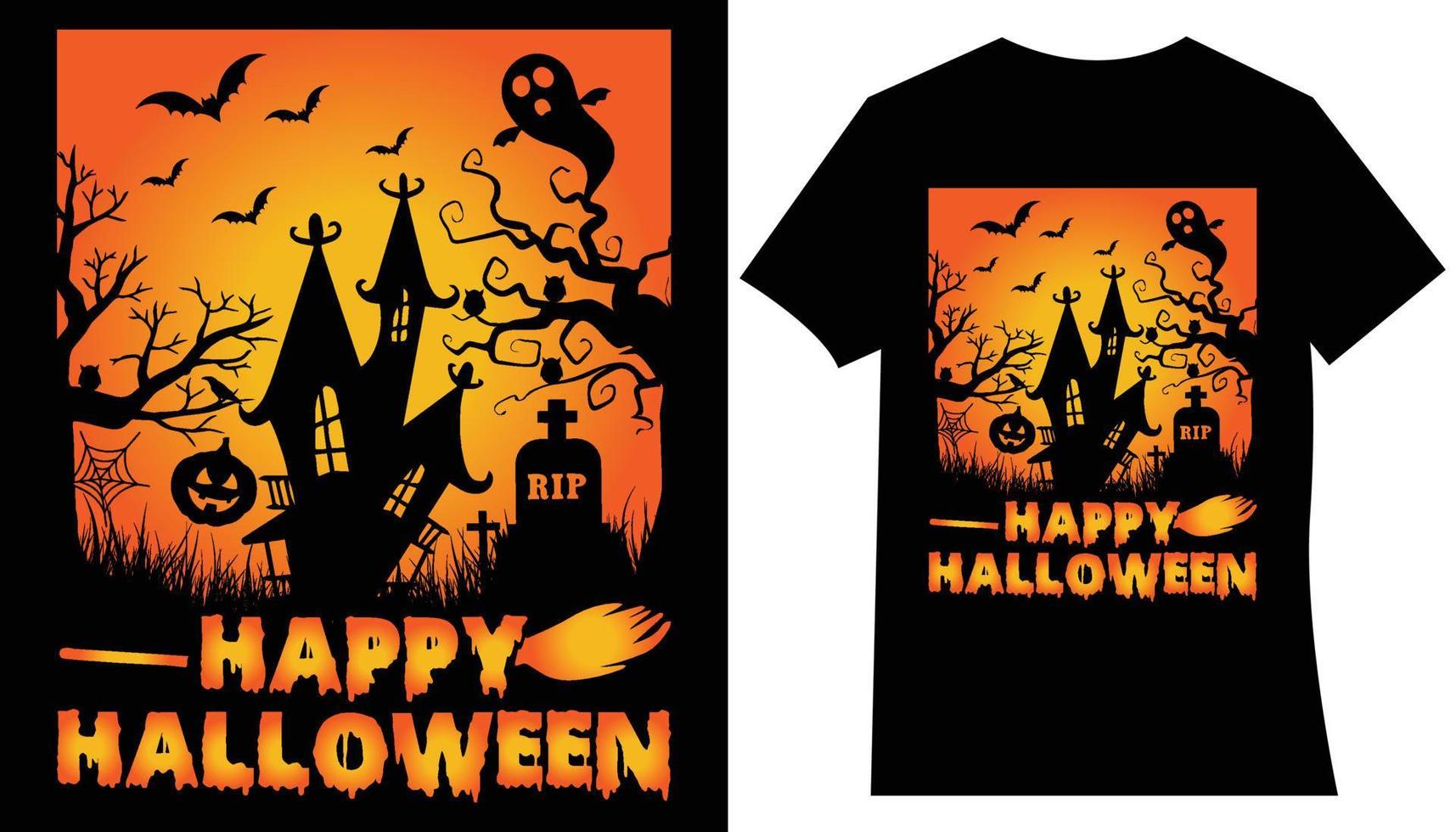 Happy Halloween t-shirt design vector. Vector cartoon style illustration of pumpkin, witch cat, and bats, isolated on white background. Print for t-shirt or poster design. Happy Halloween text.