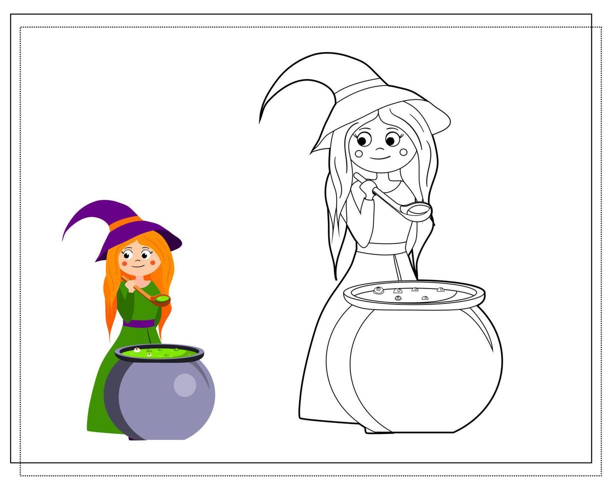 Coloring book for kids, cartoon witch cooks a potion in a cauldron. Vector isolated on a white background.