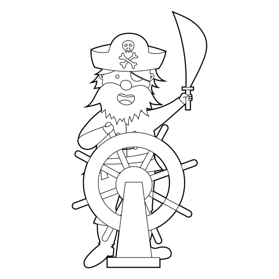 libro para colorear para niños, pirata de dibujos animados controla el barco. vector aislado en un fondo blanco.