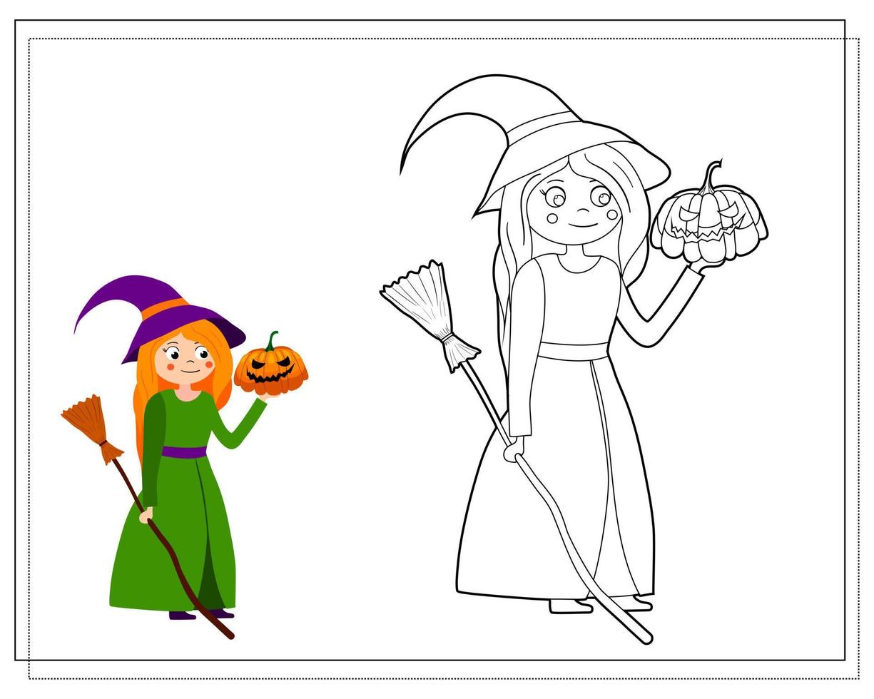 Coloring book for kids, cartoon witch holding a pumpkin. Vector isolated on a white background.