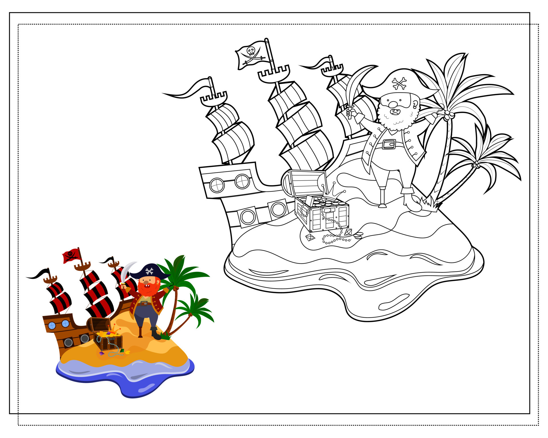 Coloring book for kids, pirate on treasure island. Vector isolated on a