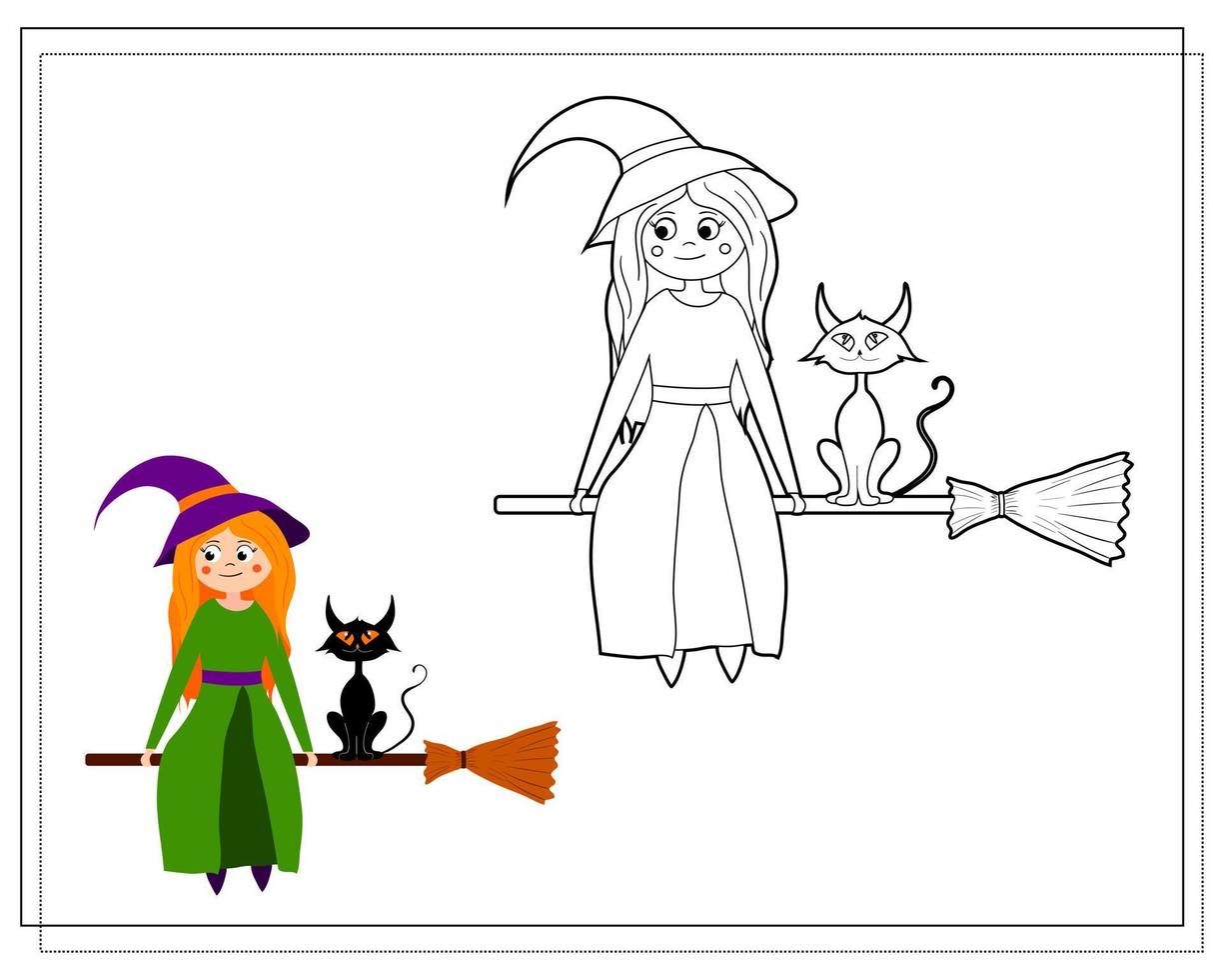 Coloring book for kids, cartoon witch flying on a broom with a cat. Vector isolated on a white background.