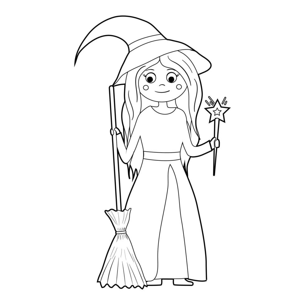 Coloring book for kids, cartoon witch stands with a broom. Vector isolated on a white background.