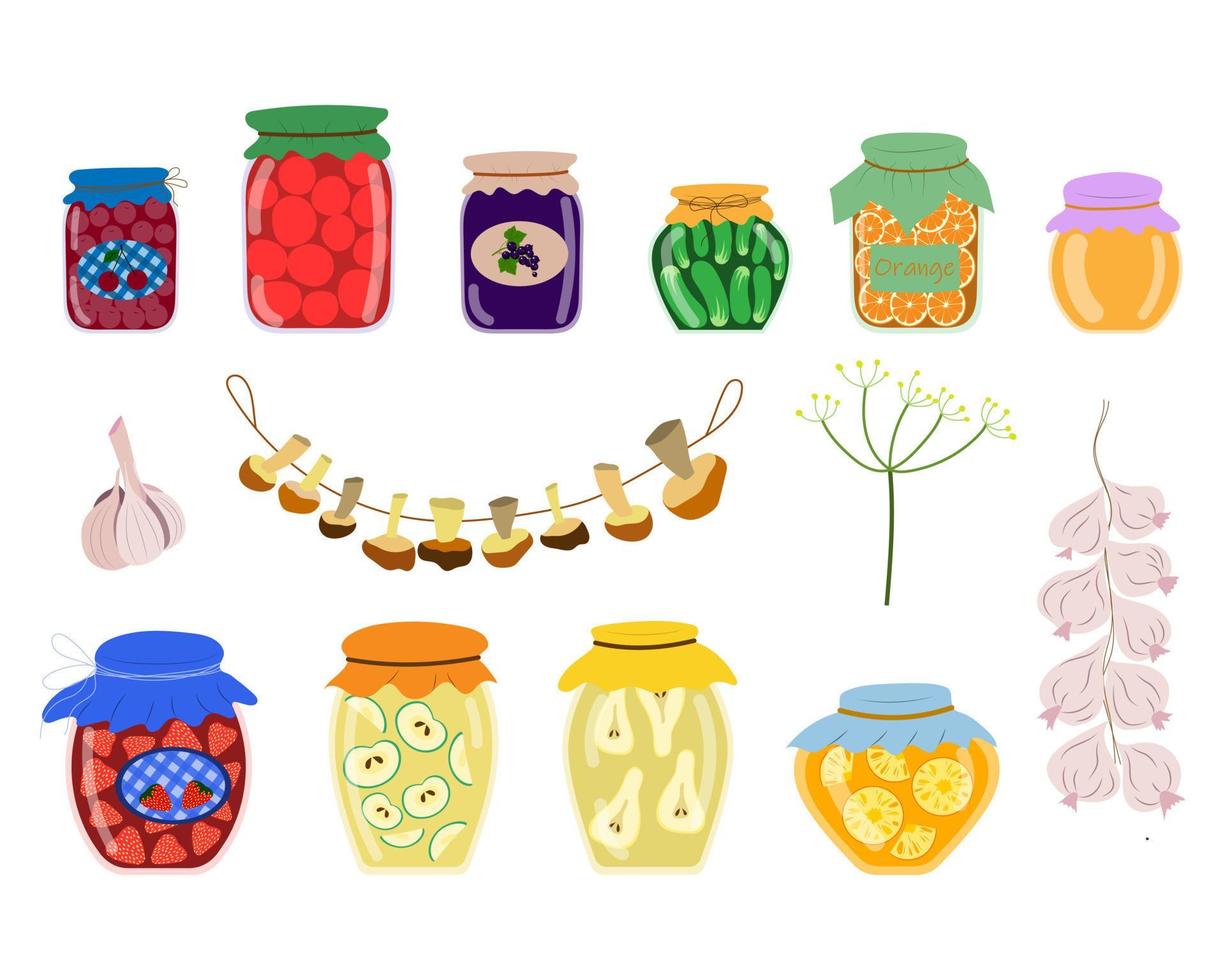A set of preparations for the winter, jars of jam and pickles, dried mushrooms, a bundle of garlic in a cartoon style. Vector isolated on a white background