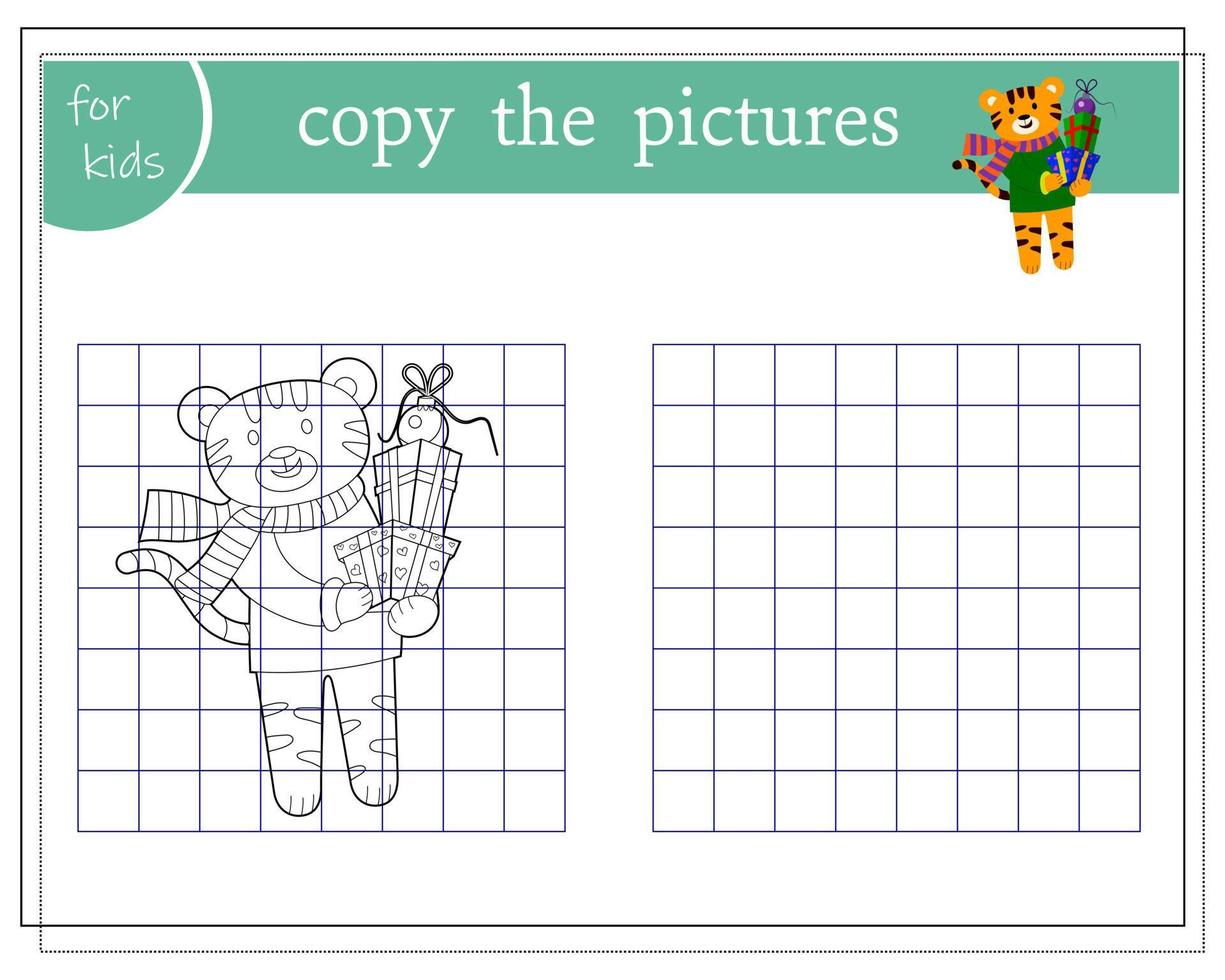 copie la imagen, juegos educativos para niños, tigre de dibujos animados sosteniendo cajas con regalos. vector aislado en un fondo blanco