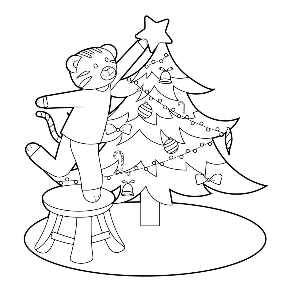 libro para colorear para niños, tigre de dibujos animados decora un árbol de navidad. vector aislado en un fondo blanco.