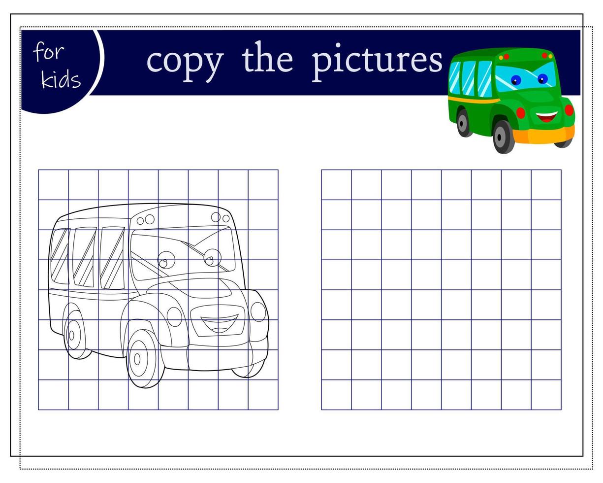Copy the picture, educational games for kids, cartoon school bus. vector isolated on a white background.