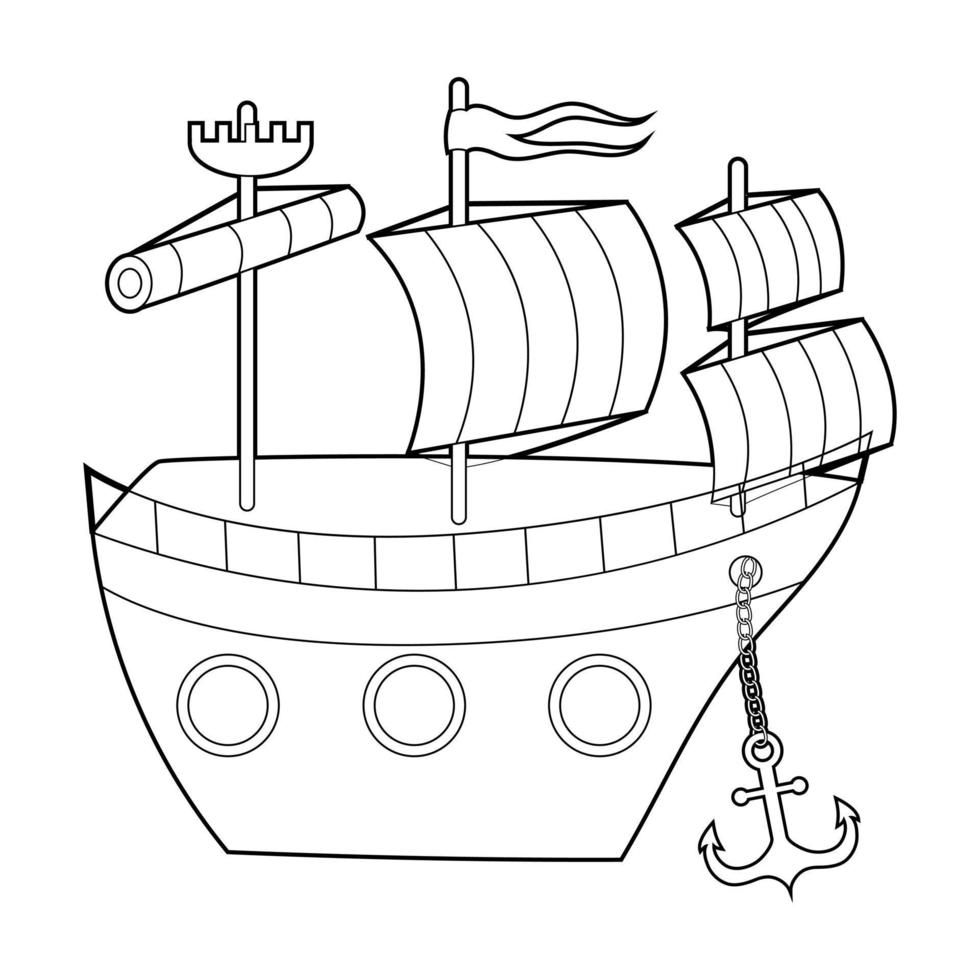 Coloring book for kids, pirate ship. Vector isolated on a white background.