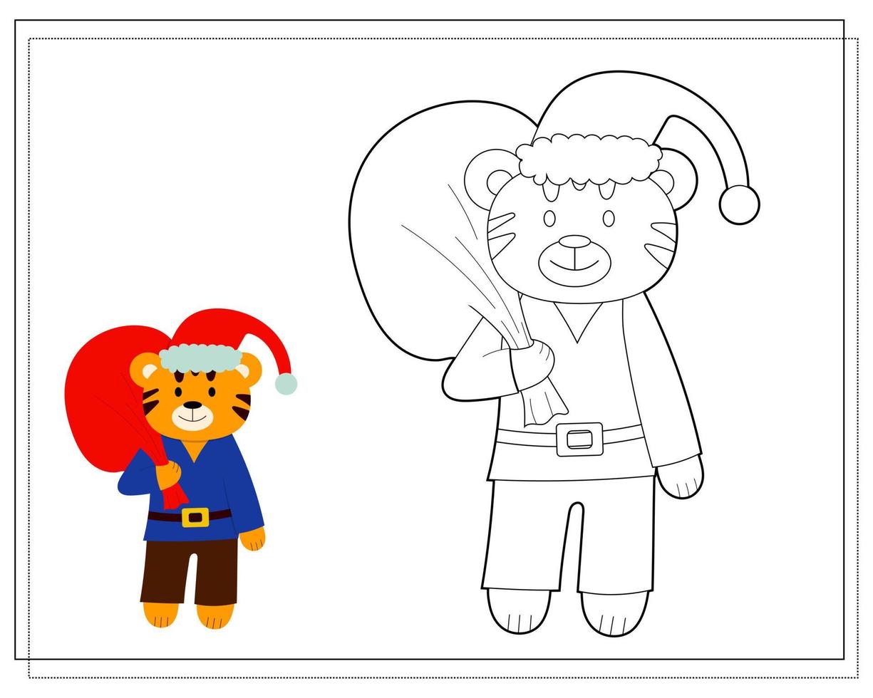 A coloring book for children, a cartoon tiger in a Santa costume and with a bag of gifts. Vector isolated on a white background