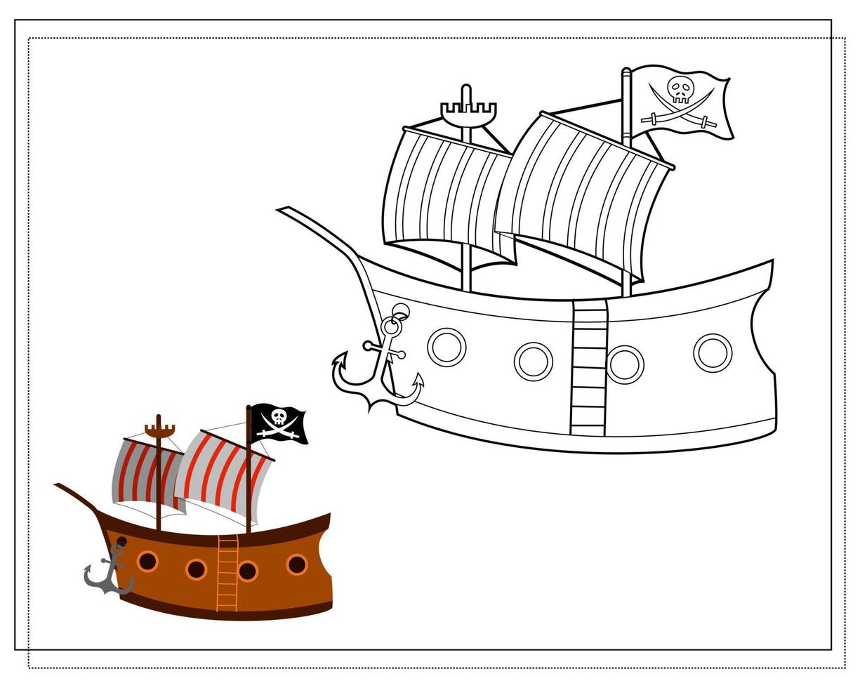 Coloring book for kids, pirate ship. Vector isolated on a white background.