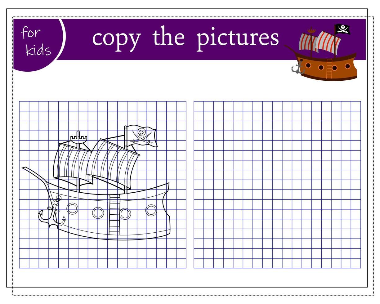 copia la imagen, juegos educativos para niños, barco pirata. vector aislado en un fondo blanco.