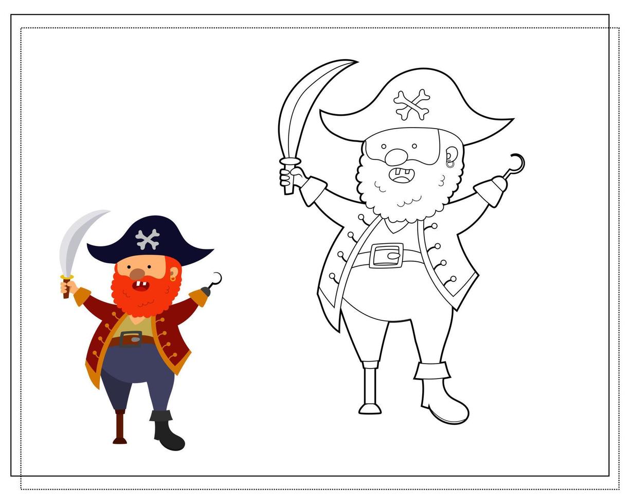 libro para colorear para niños, pirata de dibujos animados con una pierna de madera. vector aislado en un fondo blanco.