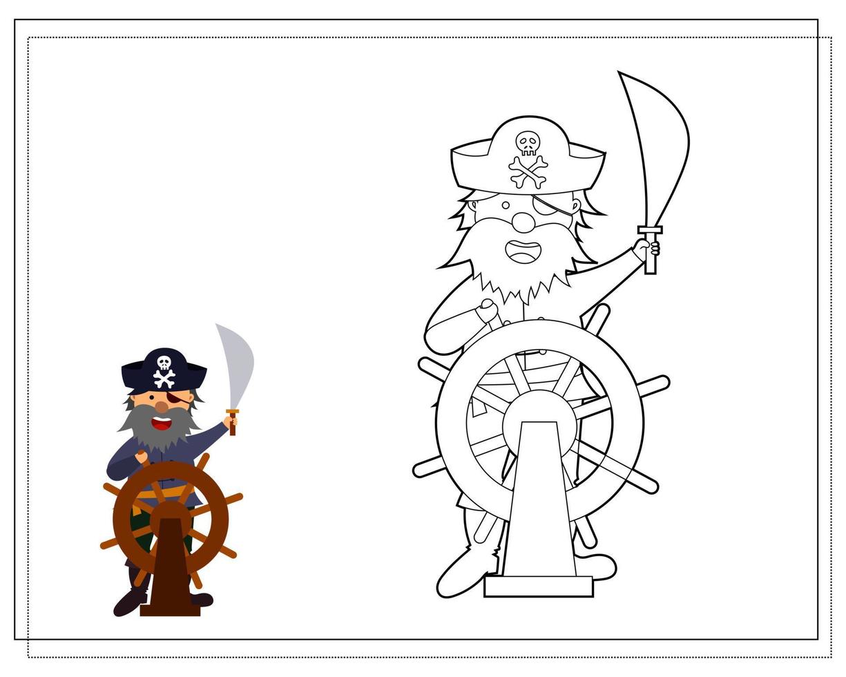 Coloring book for kids, cartoon pirate controls the ship. Vector isolated on a white background.