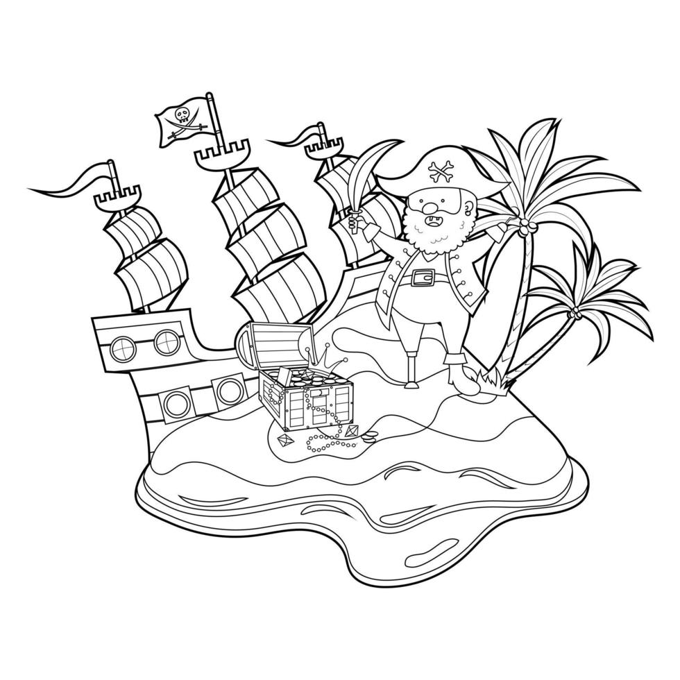 Coloring book for kids, pirate on treasure island. Vector isolated on a white background.