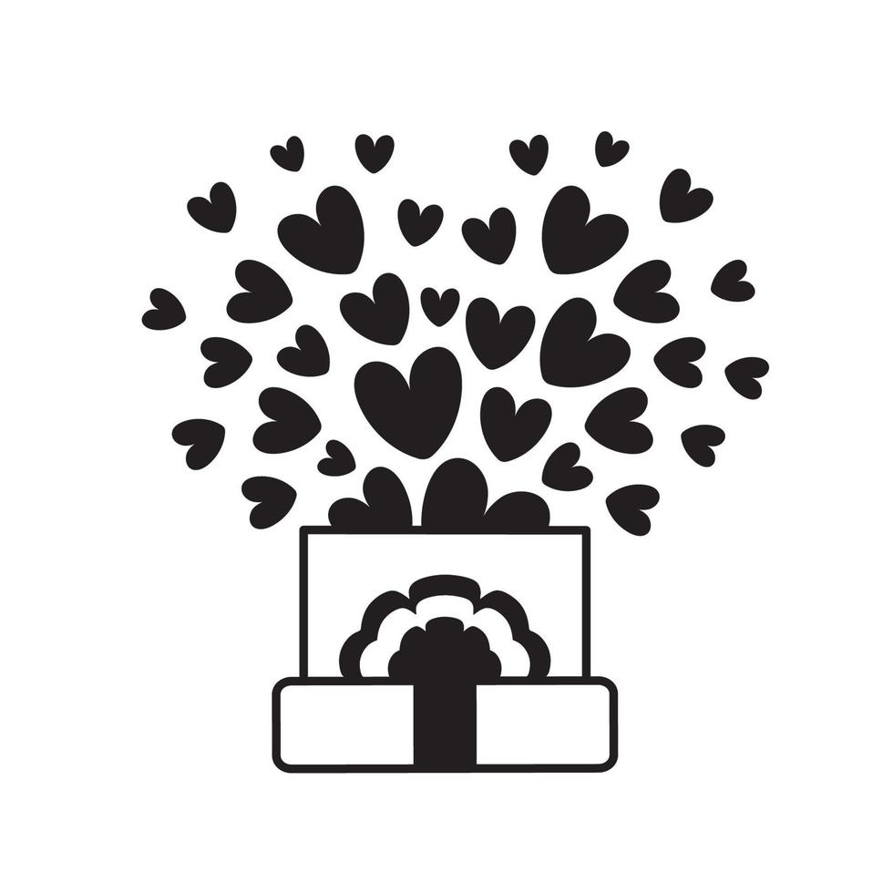 Open gift with confetti hearts. Gift box icon. Black and white linear design. Vector illustration for Valentine's Day, birthday party, invitation, congratulation