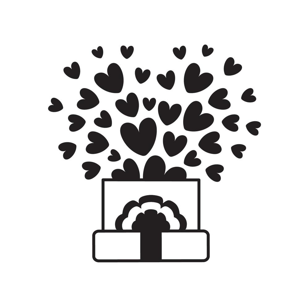 regalo abierto con corazones de confeti. icono de caja de regalo. diseño lineal en blanco y negro. ilustración vectorial para el día de san valentín, fiesta de cumpleaños, invitación, felicitación vector