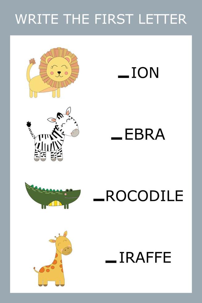 Find the first letter of the word  and connect. Educational game for children. vector
