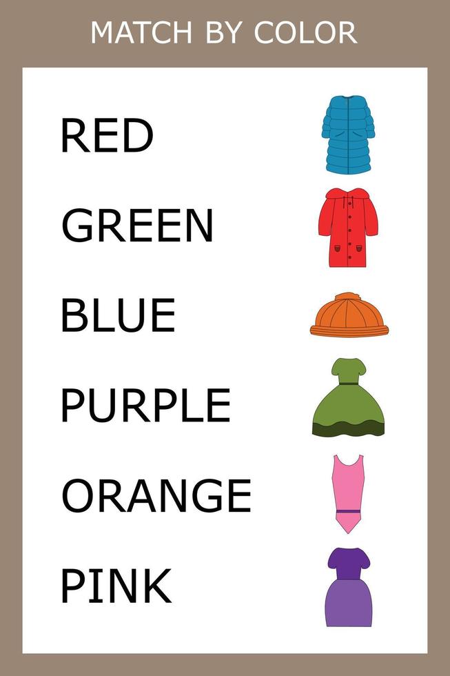 conectar el nombre del color y el carácter de la ropa. juego de lógica para niños. vector