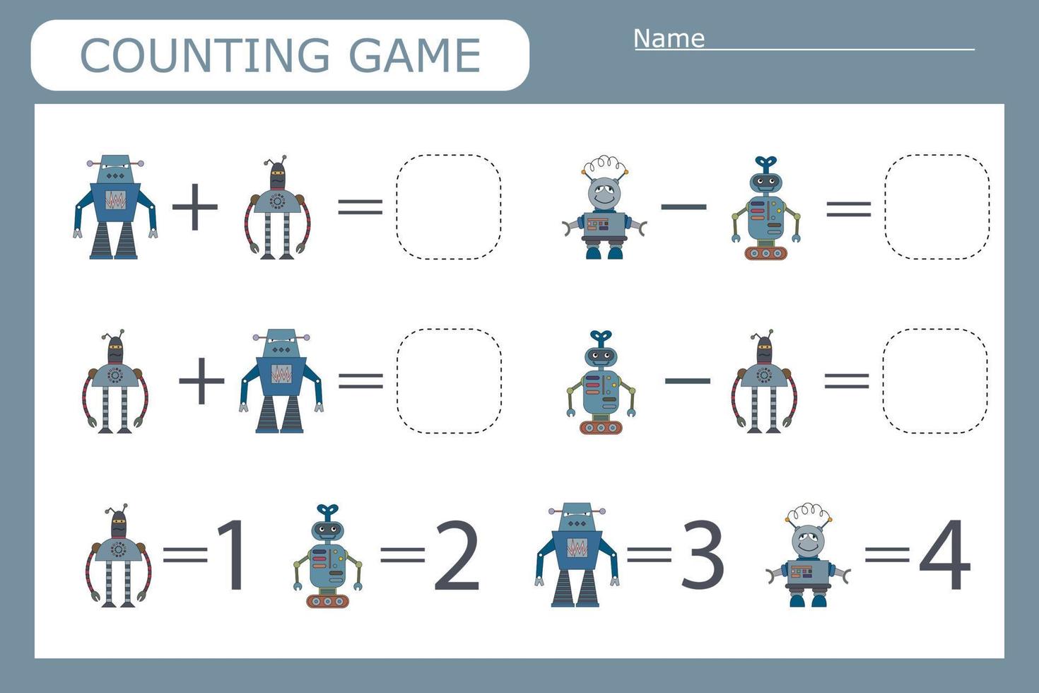 cuántos juegos de conteo con coloridos robots. hoja de trabajo preescolar, hoja de actividades para niños, hoja de trabajo imprimible vector