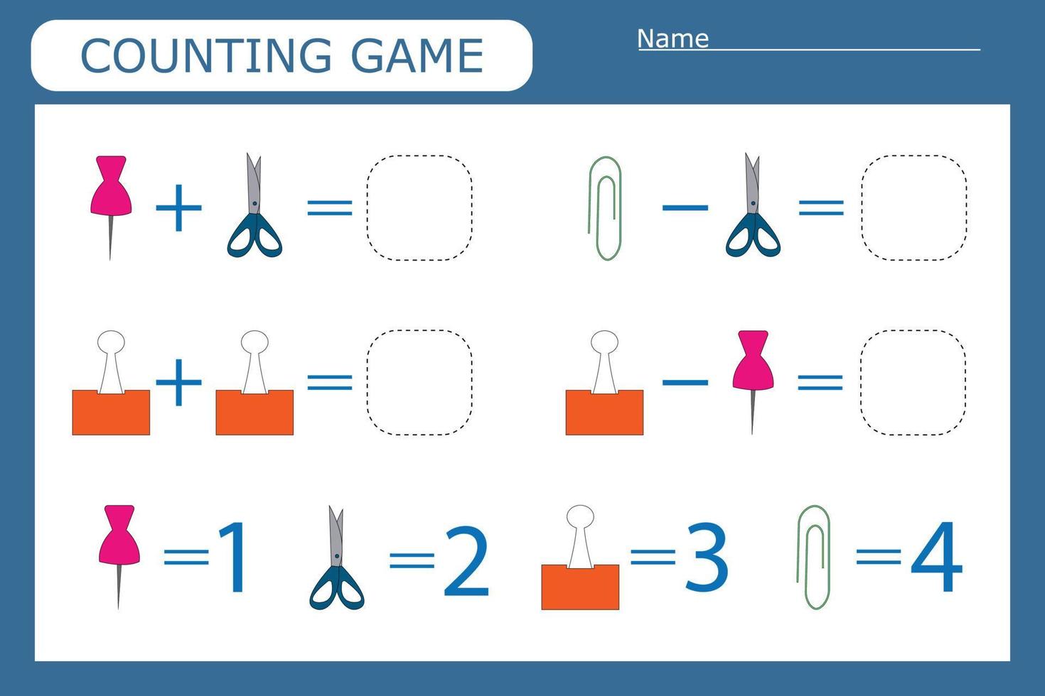counting game with school supplies. Preschool worksheet, kids activity sheet, printable worksheet vector