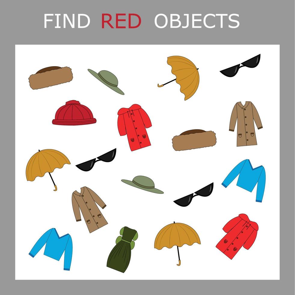 Find the red clothes character among others. Looking for red. Logic game for children. vector