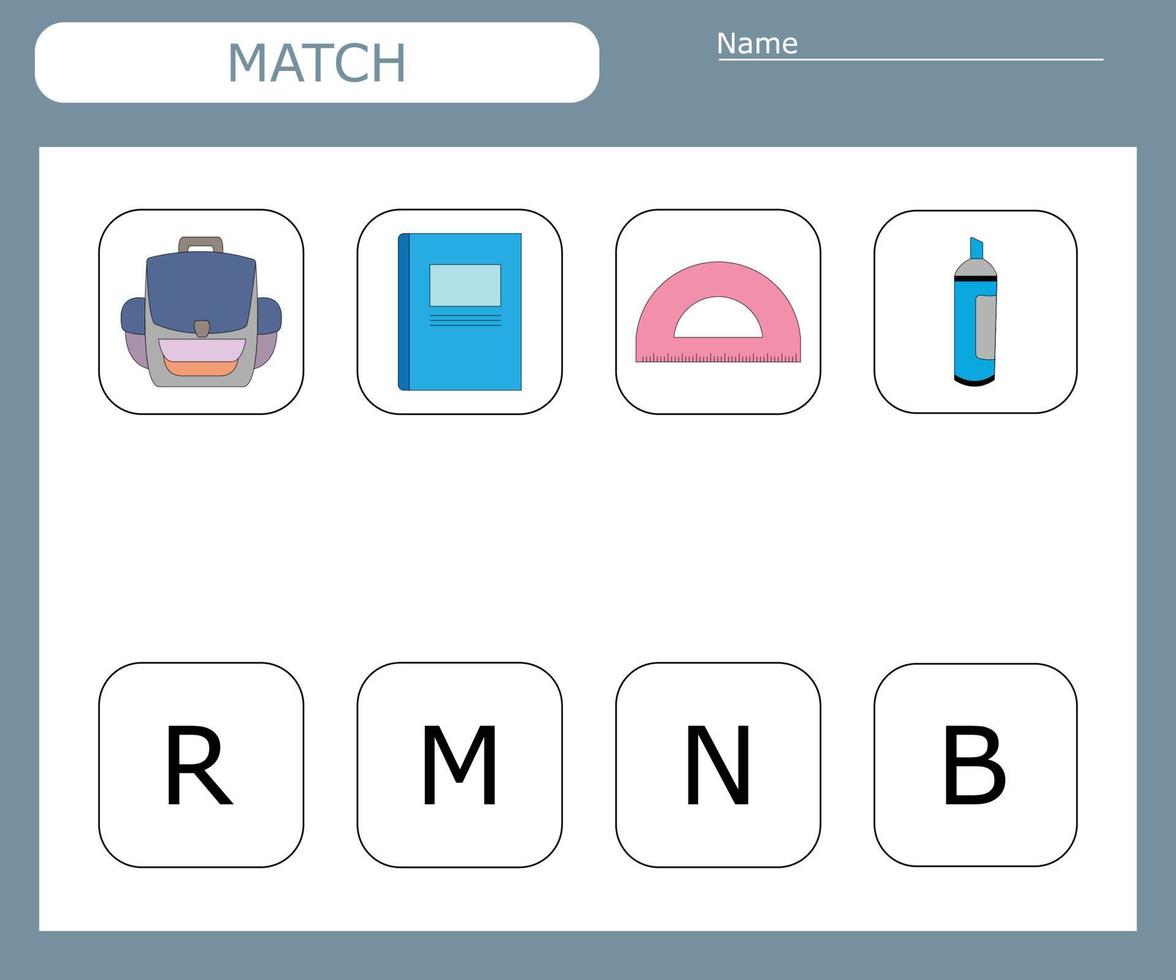 Find the first letter of the school supplies and connect. Educational game for children. vector