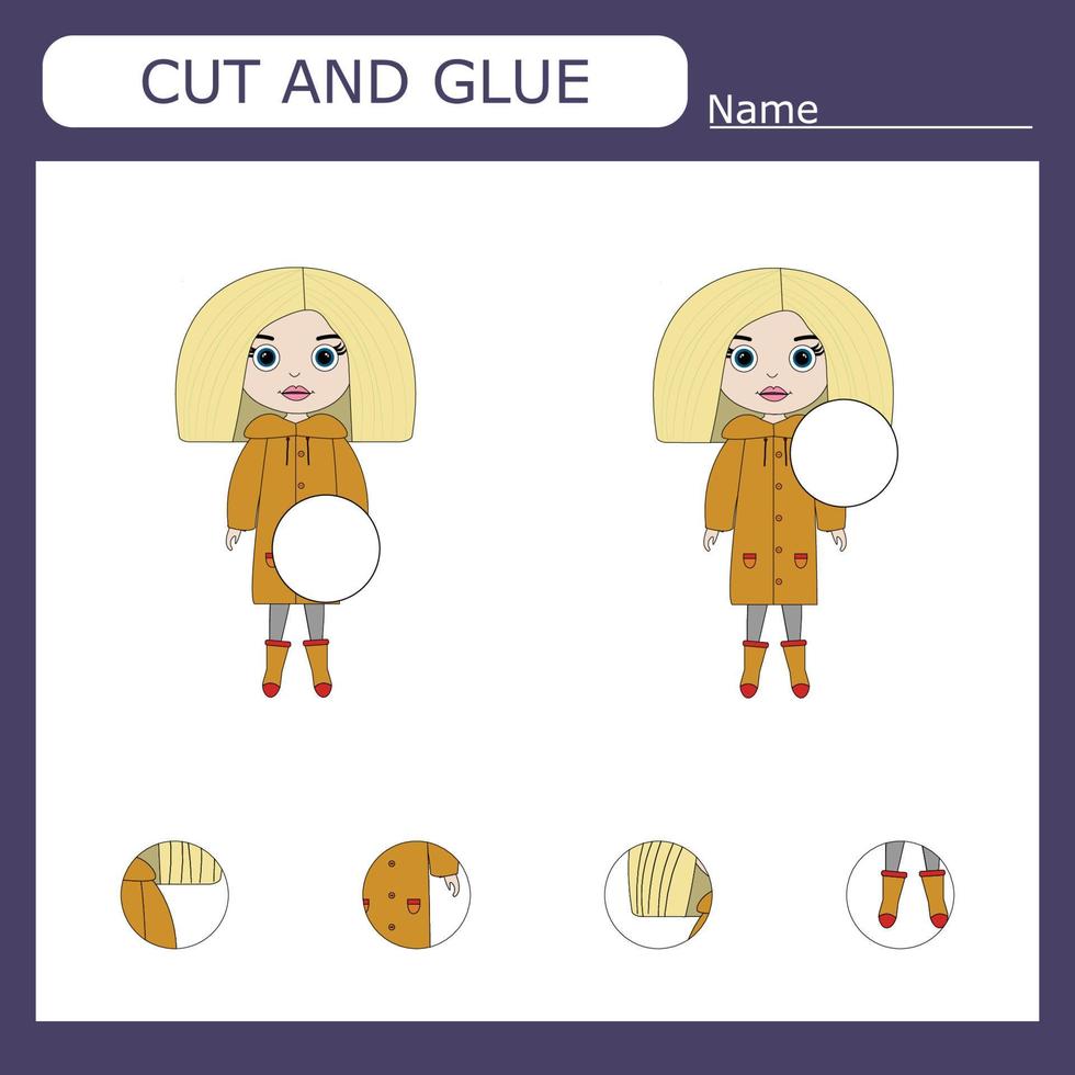 WebWorksheet vector design, the task is to cut and glue a piece on girls.  Logic game for children.