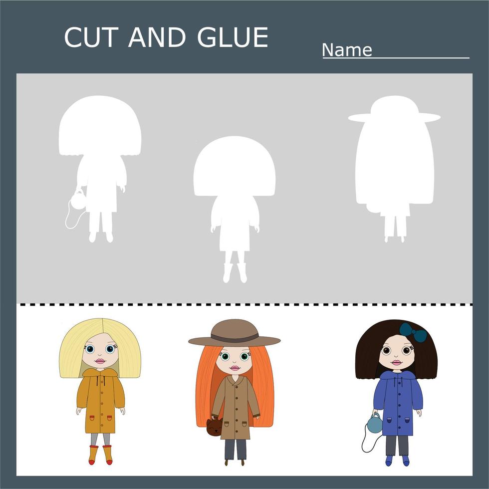 worksheet vector design, the task is to cut and glue a piece on  cute girls, dolls.  Logic game for children.