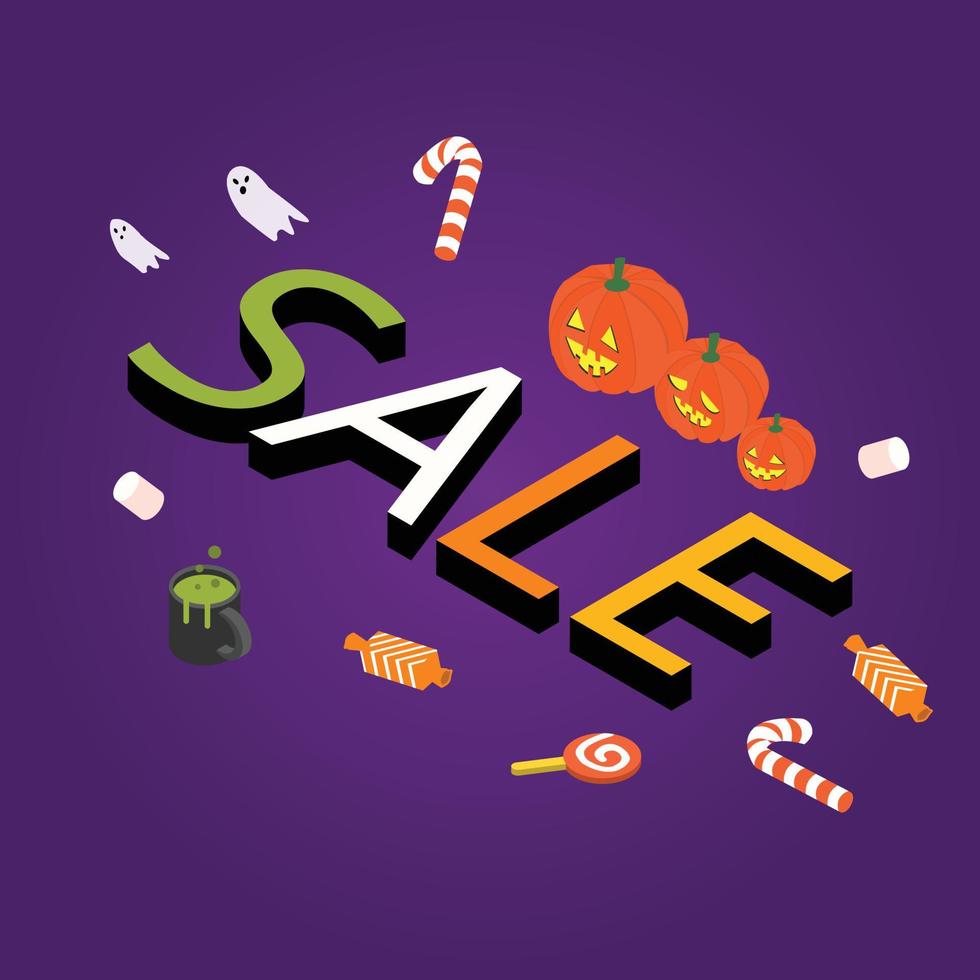 isometric Halloween sale banner with pumpkin and candy for promotion sales vector