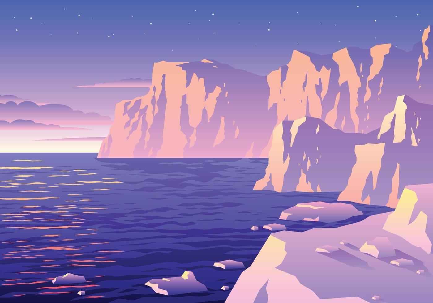 hermosa puesta de sol ártico o antártico iceberg paisaje ilustración vector