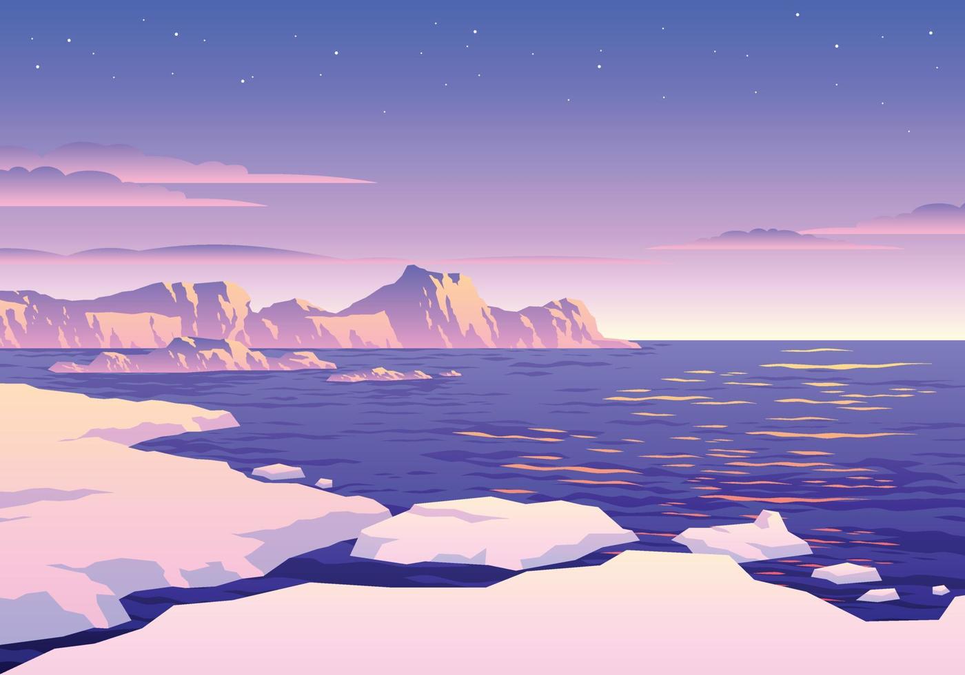 hermosa puesta de sol polo sur iceberg paisaje ilustración vector