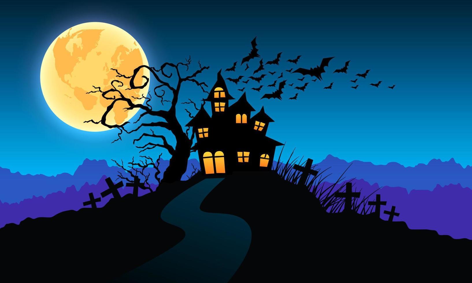 feliz halloween con murciélagos voladores luna llena, casa embrujada y cruz. ilustración vectorial vector