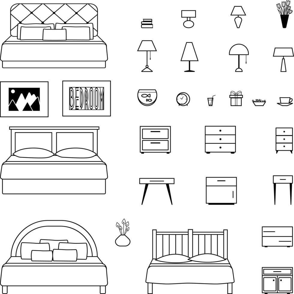 Flat vector illustration. Bedroom furniture set