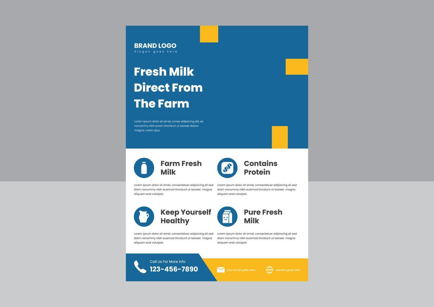 pure farm-fresh milk delivery flyer poster leaflet design template. dairy farm-fresh milk flyer poster design. vector