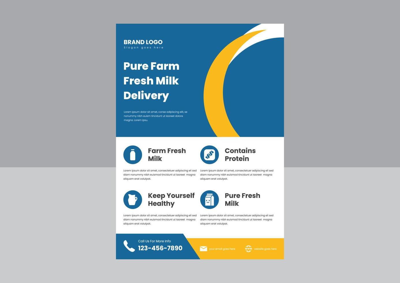 pure farm-fresh milk delivery flyer poster leaflet design template. dairy farm-fresh milk flyer poster design. vector