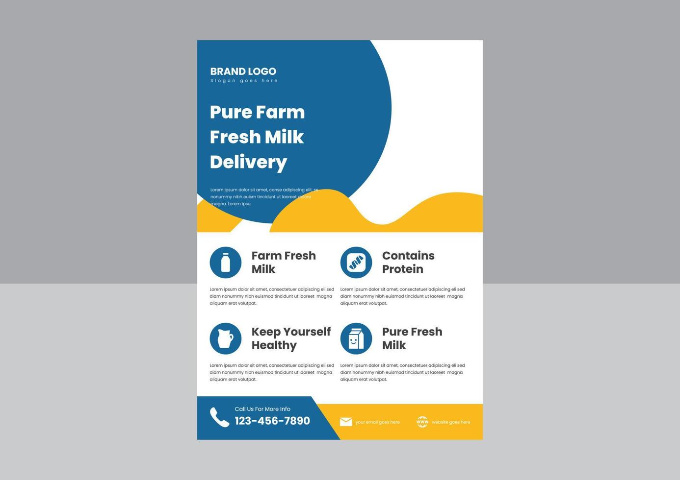 pure farm-fresh milk delivery flyer poster leaflet design template. dairy farm-fresh milk flyer poster design. vector