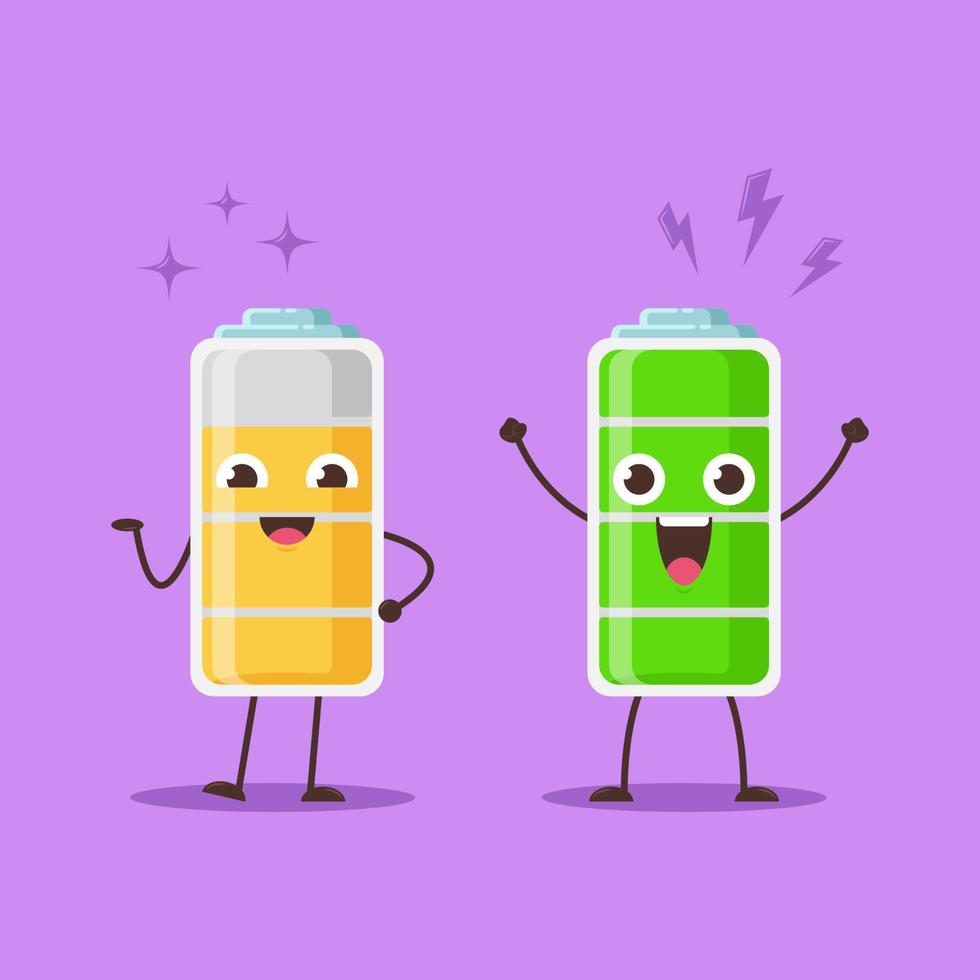 Vector illustration of a cartoon concept in the form of a cute battery icon with a decreasing level of battery energy. Use flat design style.