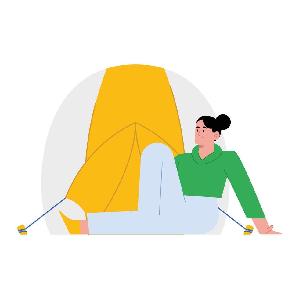 Woman sitting in front of tent for camping vector