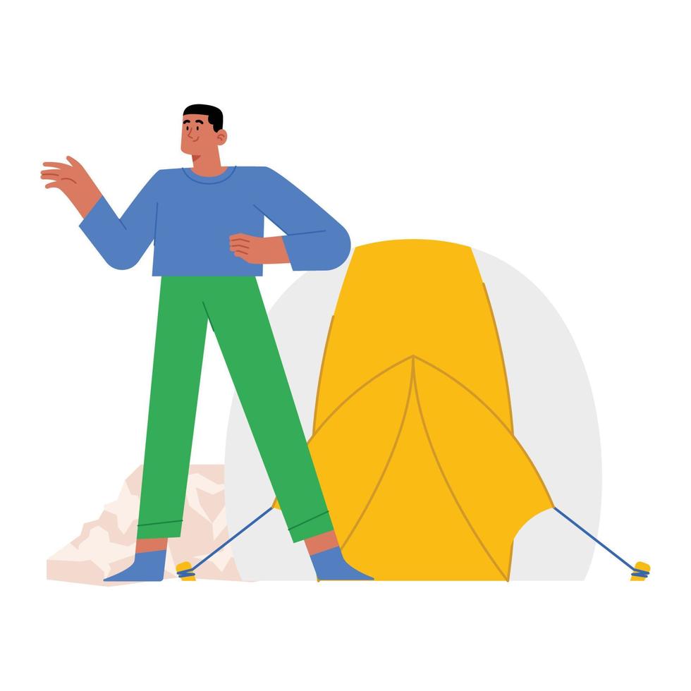 Man standing in front of tent for camping vector